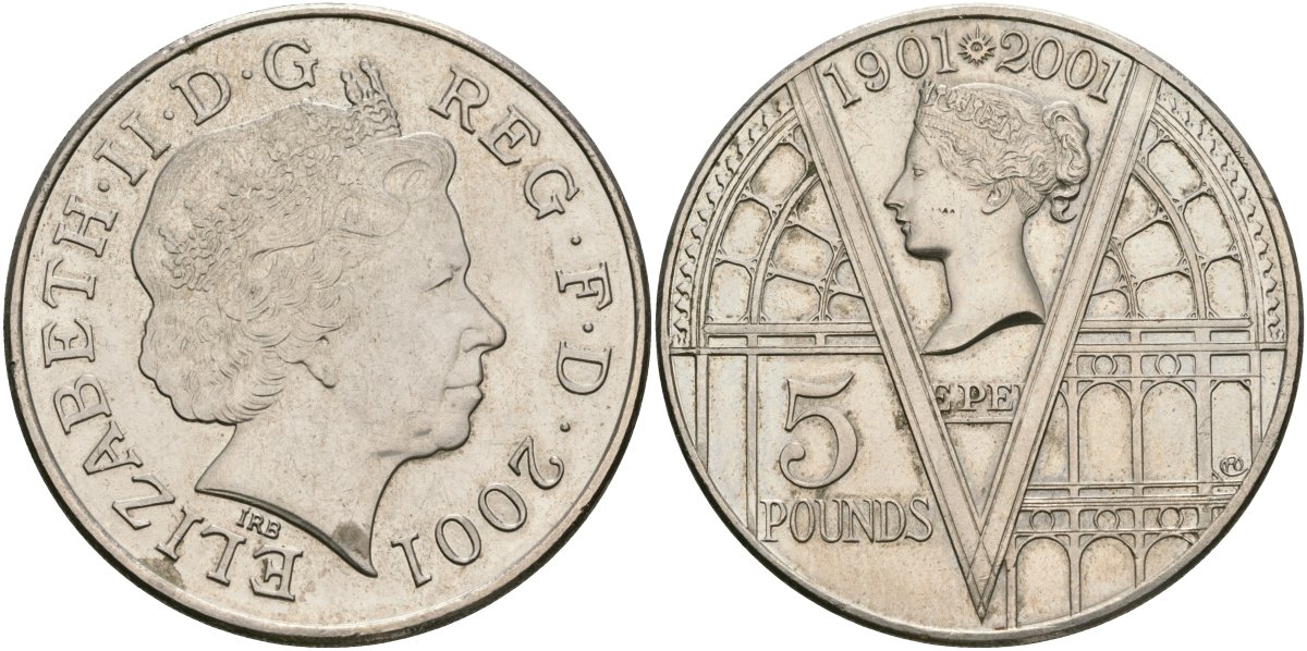 Великобритания 5 фунтов 2001 Елизавета II (1952-2022), 100 лет со дня смерти Королевы Виктории KM 1015, Spink L9 медно-никель UNC 4552-715