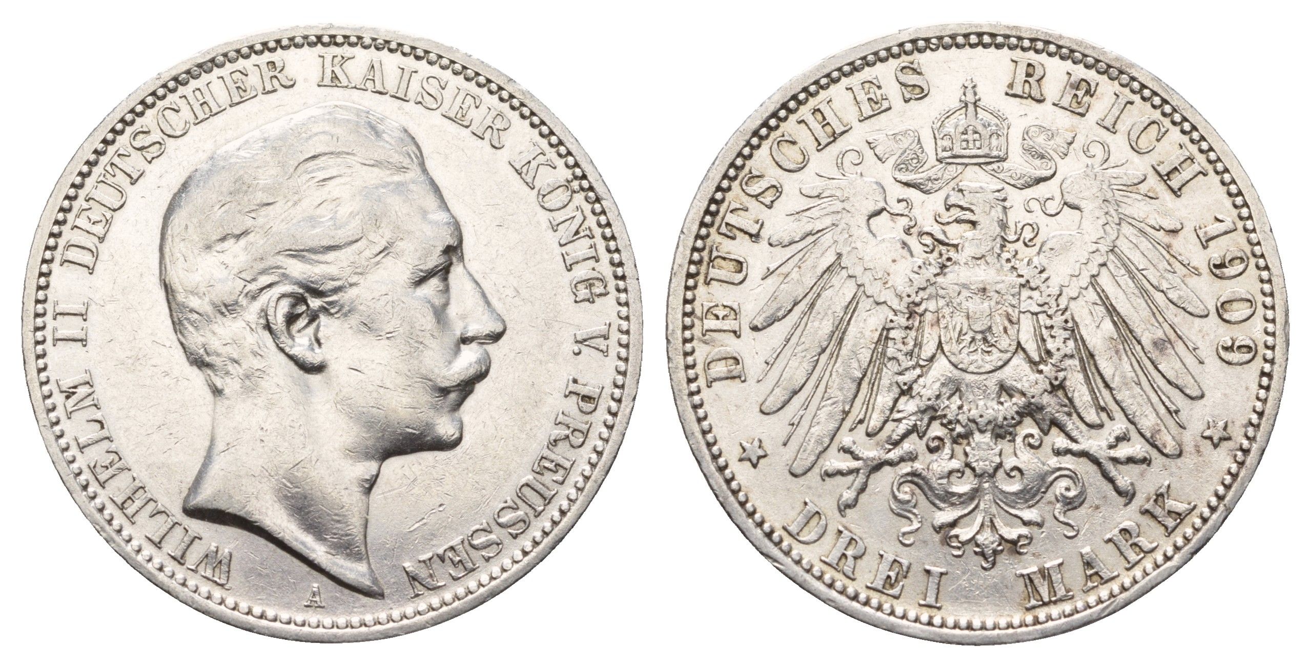 Пруссия 3 марки 1909 A, Вильгельм II (1888-1918) KM 527, J. 103 серебро 1529-1344