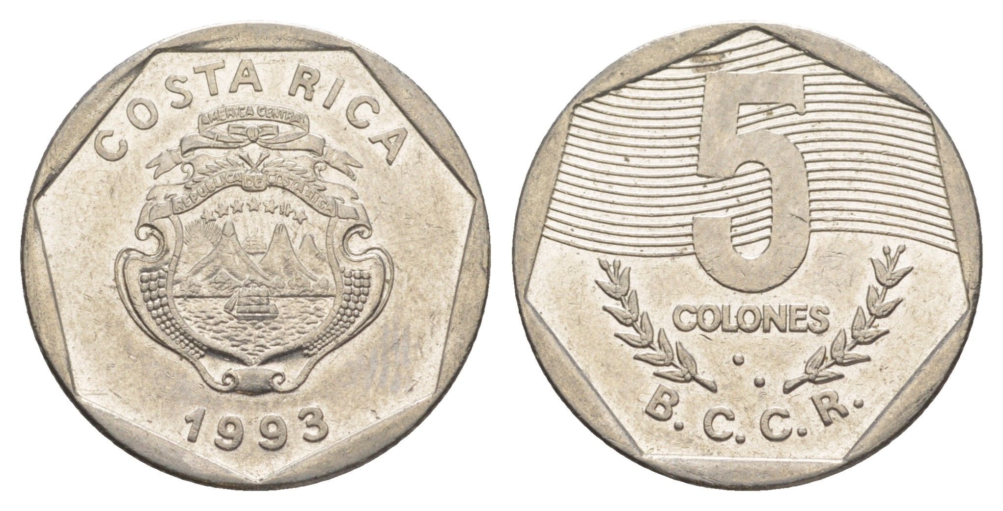 Коста-Рика 5 колонов 1993 KM 214.3 сталь плакированная никелем 4635-1252