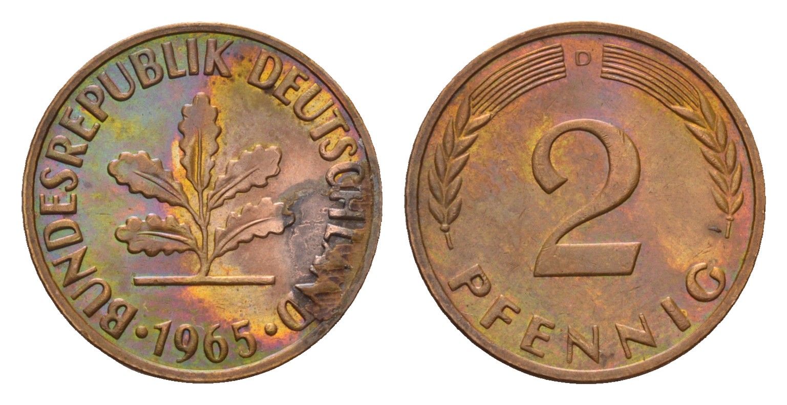 ФРГ 2 пфеннига 1965 D KM 106, J. 381 бронза 4564-1128