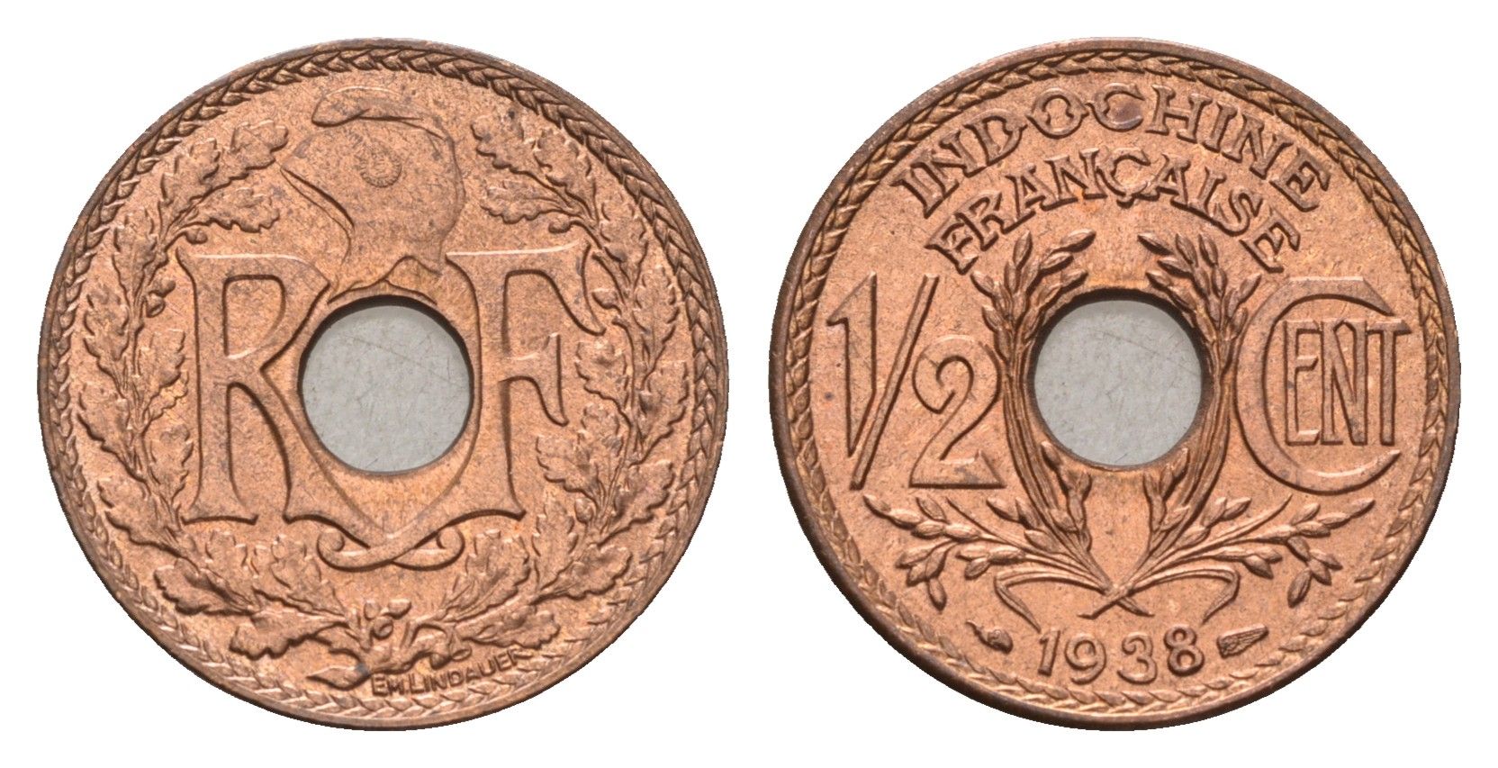 Французский Индокитай 1/2 сантима 1938 KM 20 бронза UNC 4623-748