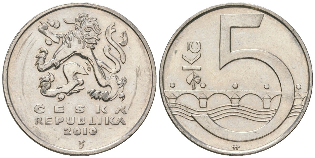 Чехия 5 крон 2010 b’, чешский лев, Карлов мост KM 8 сталь плакированная никелем aUNC 4592-212