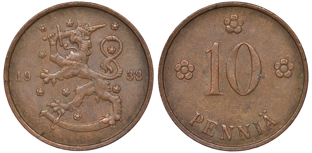 Финляндия 10 пенни 1938 KM 24 медь 51-3011