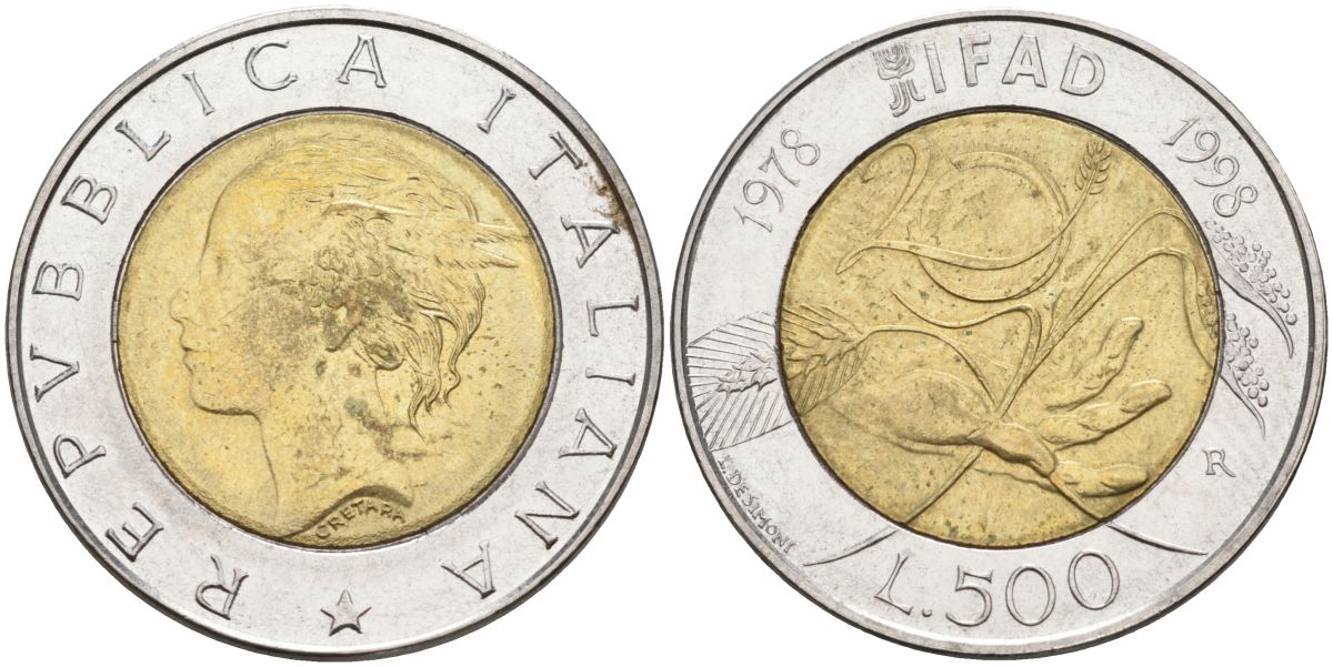 Италия 500 лир 1998 R, 20 лет программе FAO KM 193 биметалл 4563-143