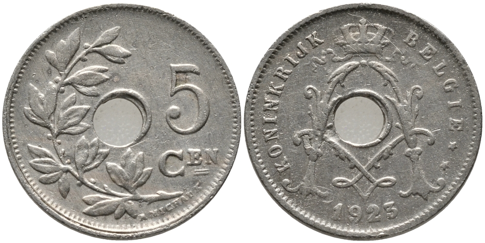 БЕЛЬГИЯ 5 САНТИМОВ 1923 BELGIE KM 67 медно-никель 76-124
