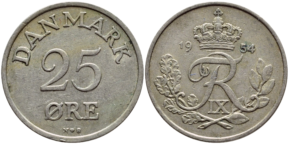 Дания 25 эре 1954 N; S, Фредерик IX (1947-1972) KM 842.1 медно-никель 4398-935