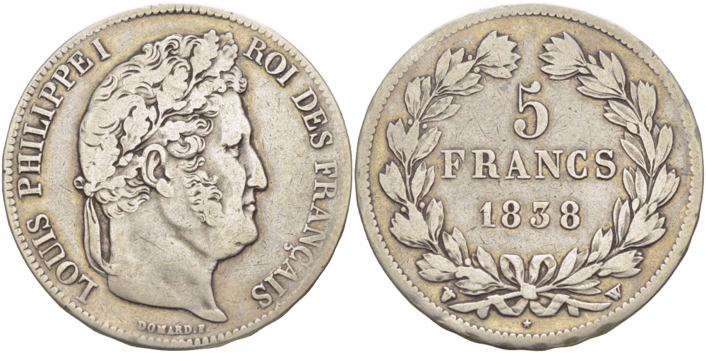 Франция 5 франков 1838 W, Луи Филипп I (1830-1848) KM 749.13 серебро 1515-334