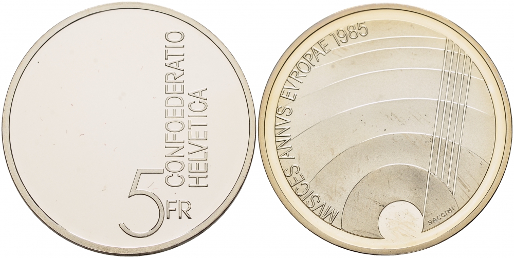 ШВЕЙЦАРИЯ 5 ФРАНКОВ 1985 ЕВРОПЕЙСКИЙ ГОД МУЗЫКИ KM 64 медно-никель PROOF 1087-3-51