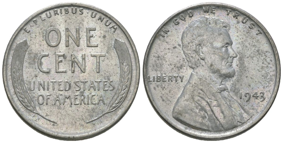 США 1 цент 1943 Авраам Линкольн KM 132 a сталь покрытая цинком aUNC 112-632