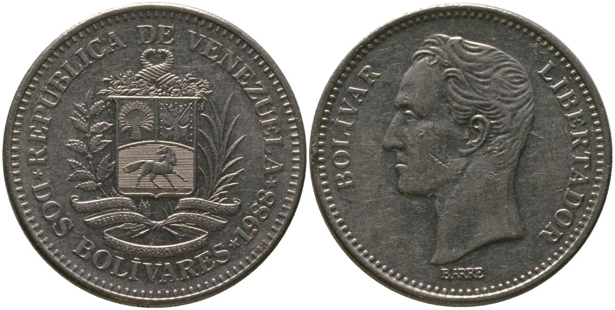 Венесуэла 2 боливара 1988 Симон Боливар KM 43 никель 4565-225