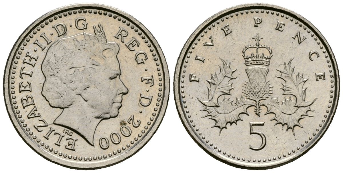 Великобритания 5 пенсов 2000 Елизавета II (1952-2022) KM 988, Spink 4670 (D5) медно-никель 4173-763
