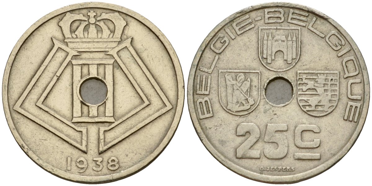 Бельгия 25 сантимов 1938 Belgie - Belgique KM 115 никель латунь 33-1152