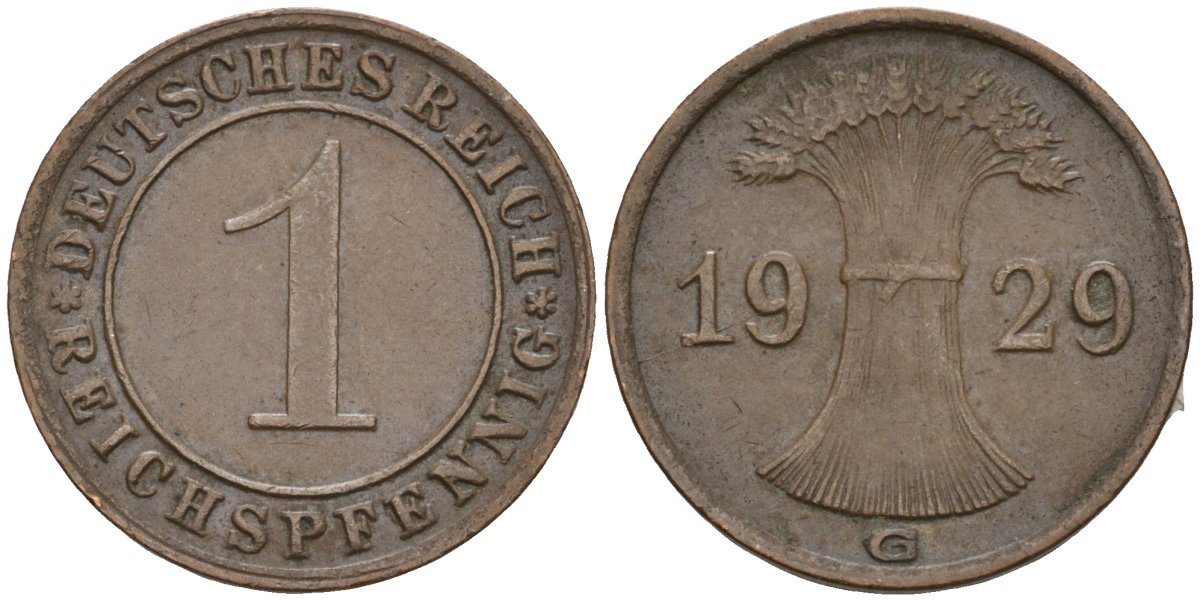 Германия 1 рейхспфенниг 1929 G KM 37, J. 313 бронза 4516-1147
