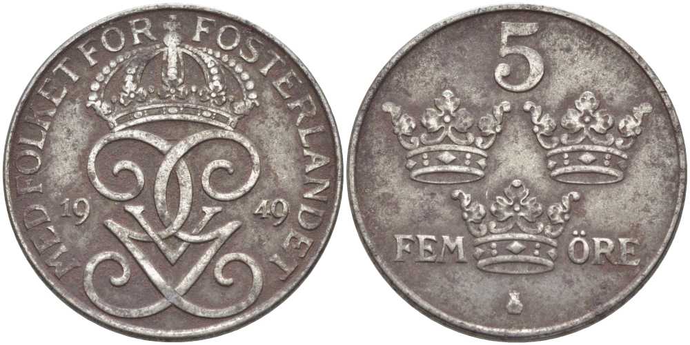Швеция 5 эре 1949 Густав V (1907-1950) KM 812 железо 115-924