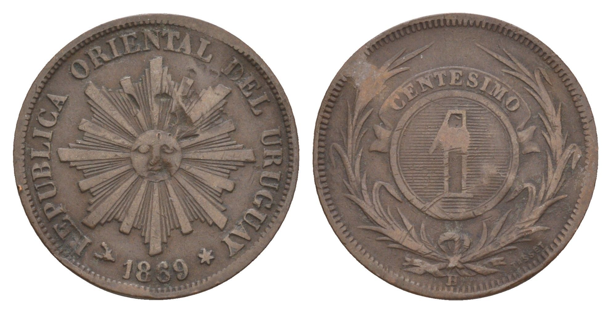 Уругвай 1 сентесимо 1869 KM 11 бронза 4629-1031