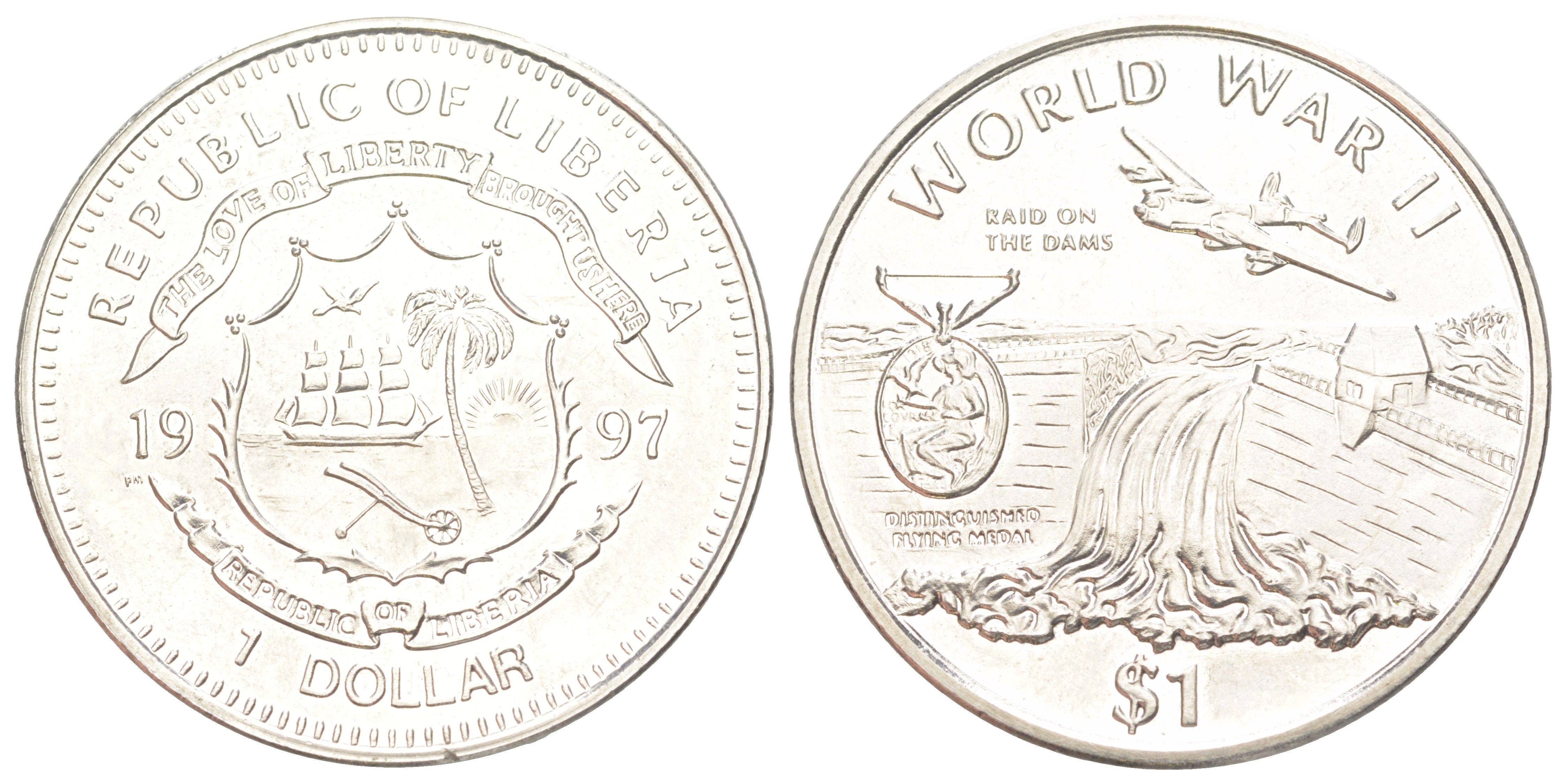 Либерия 1 доллар 1997 Вторая мировая война - Операция Chastise (рейд на дамбы) KM 294 медно-никель BU 00-1067-10-54