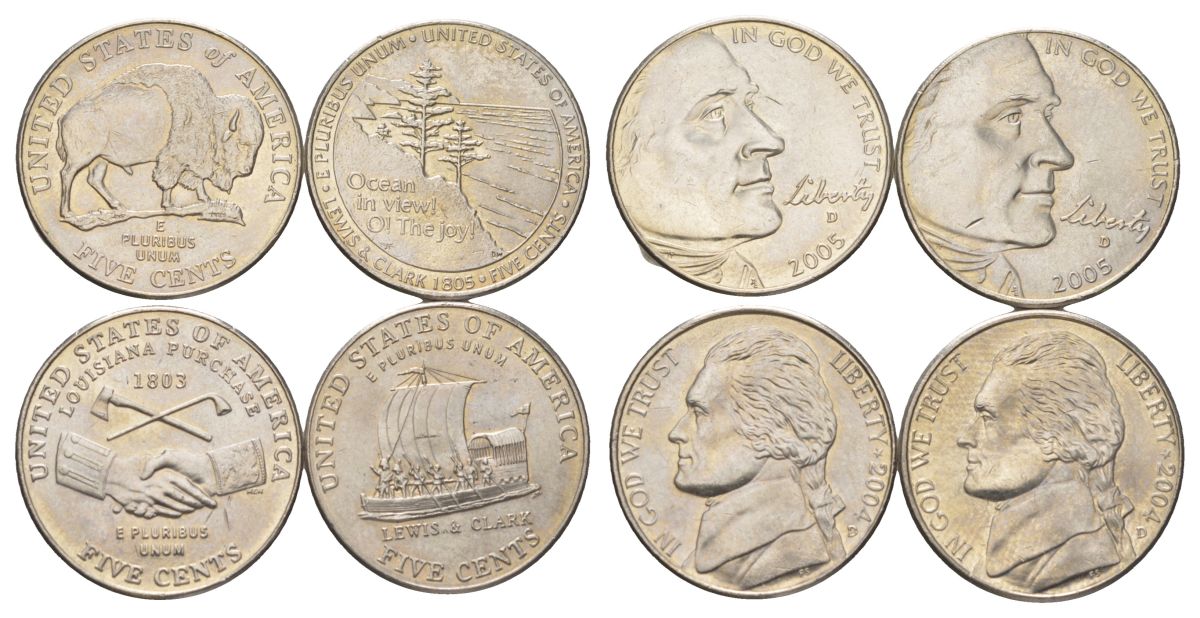 США полный набор из 4 монет (5 центов) 2004 и 2005 200 лет экспедиции Льюиса и Кларка - Приобретение Луизианы, Лодка, Бизон, Выход к океану KM 360, 361, 368 и 369 медно-никель UNC 4627-1121-1124