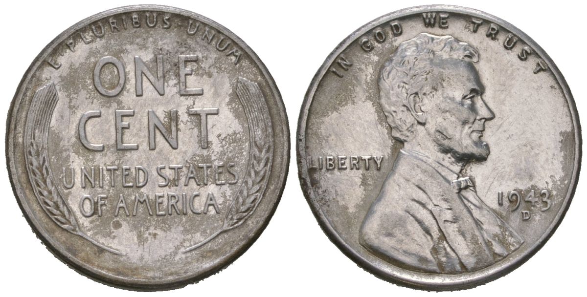 США 1 цент 1943 D, Авраам Линкольн KM 132a сталь плакированная цинком 211-1157