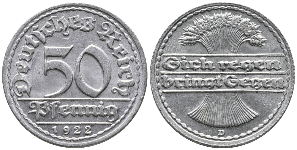 ГЕРМАНИЯ 50 ПФЕННИГОВ 1922 D KM 27, J. 301 алюминий 24-1057