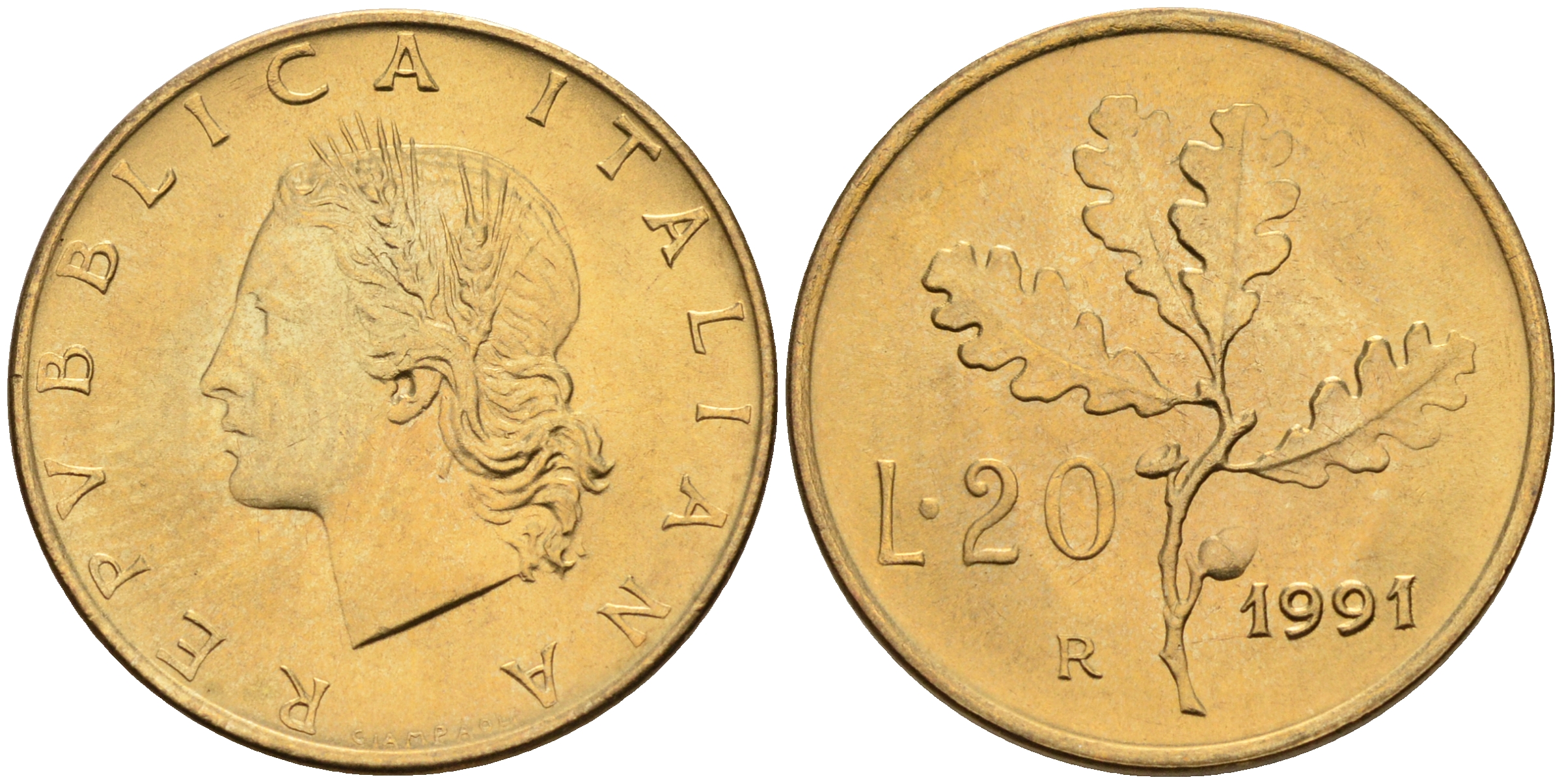 Италия 20 лир 1991 R, дубовый лист KM 97.2 алюминиевая бронза  UNC  4594-831