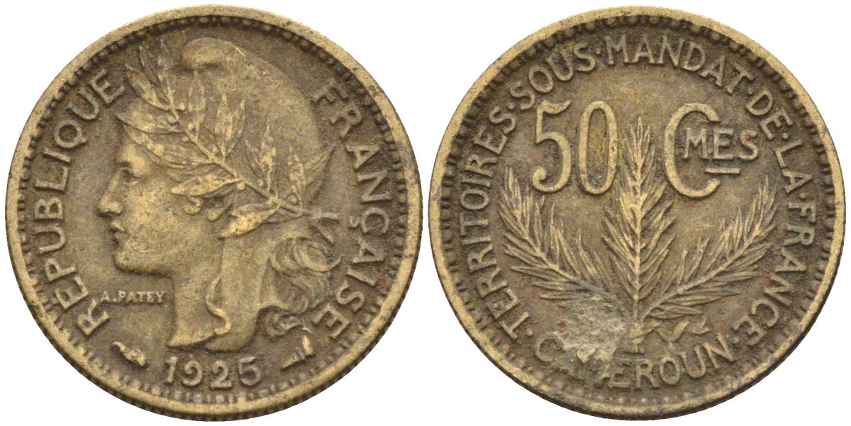 Французский Камерун 50 сантимов 1925 (а), монетный двор Париж KM 1 алюминиевая бронза 4164-1233