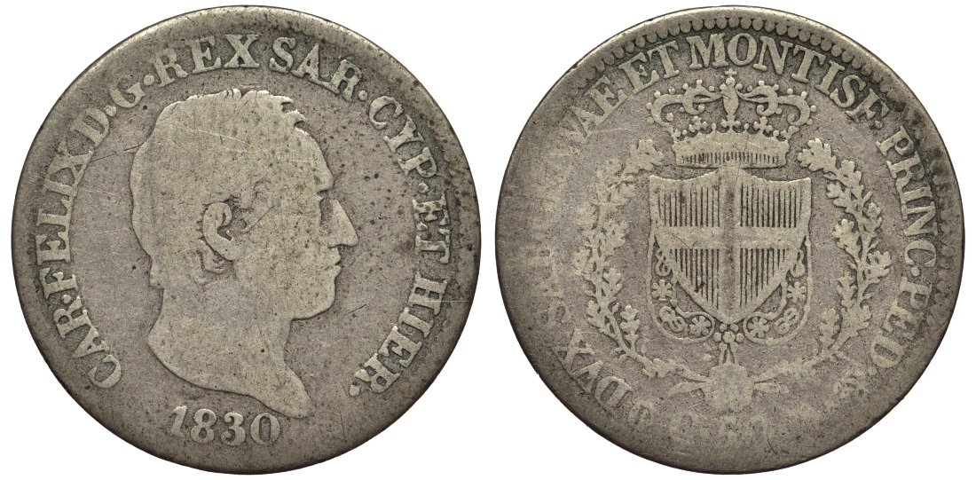 Сардиния 50 сентесимо 1830 KM 102.1 серебро 1521-1414