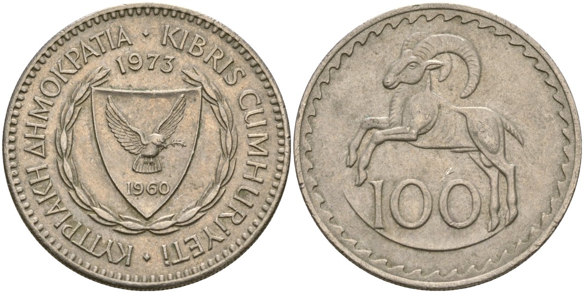 Кипр 100 милсов 1973 европейский муфлон KM 42 медно-никель 4111-422