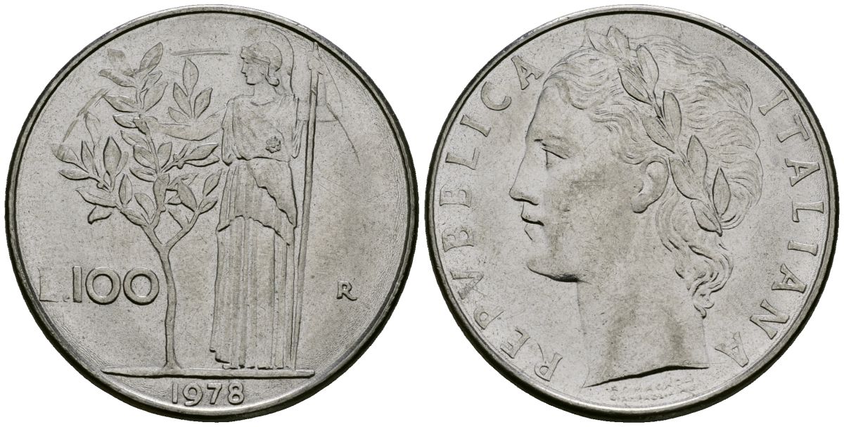 Италия 100 лир 1978 R, Афина у оливкого дерева KM 96.1 нержавеющая сталь 4137-236