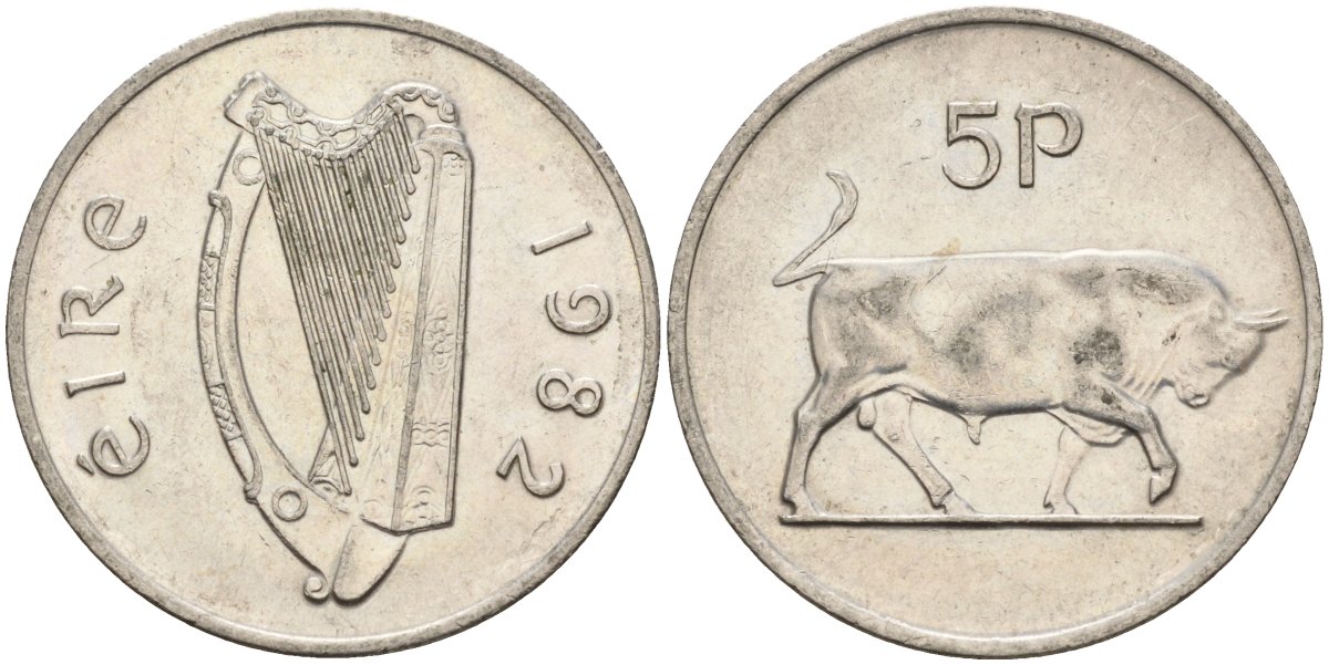 Ирландия 5 пенсов 1982 бык KM 22 медно-никель 4146-533