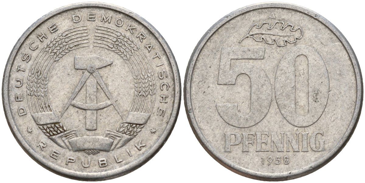 ГДР 50 пфеннигов 1958 A KM 12.1 алюминий 98-1054