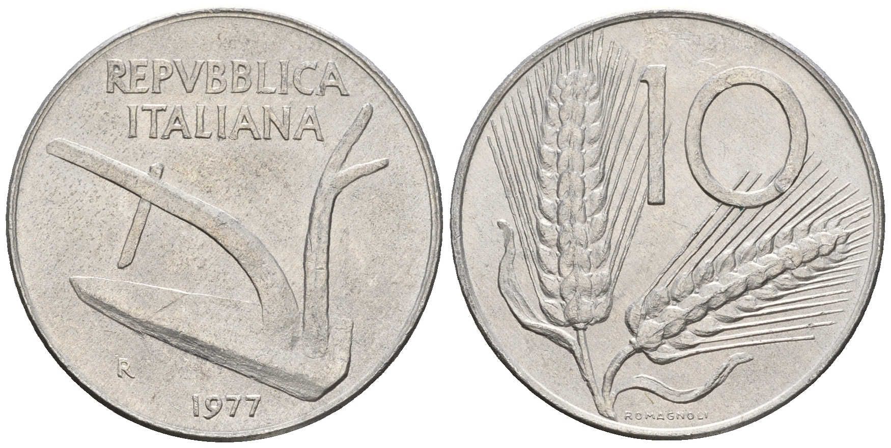 Италия 10 лир 1977 R, колосья, плуг KM 93 алюминий 259-127