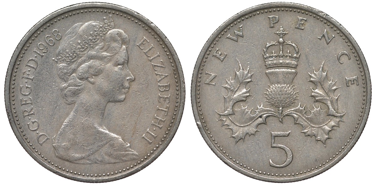 Великобритания 5 пенсов 1968 Елизавета II (1952-2022) KM 911, Spink 4233 (D1) медно-никель 4122-946