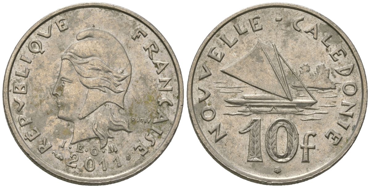 Французская Новая Каледония 10 франков 2011 рыбачья парусная лодка, (IEOM) KM 11a, Schoen 13a, Lec 99k медно-никель 65-112