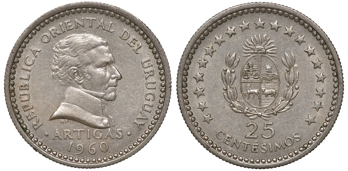 Уругвай 25 сентесимо 1960 KM 40 медно-никель 4169-965