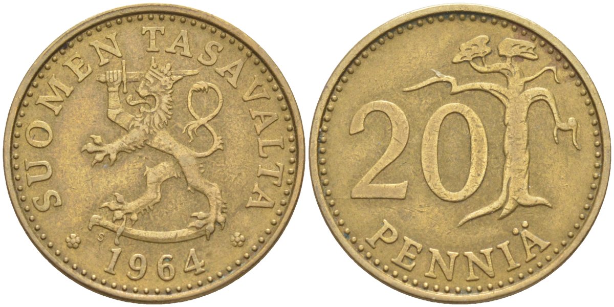 Финляндия 20 пенни 1964 S KM 47 алюминиевая бронза 219-1211
