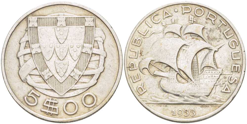 ПОРТУГАЛИЯ 5 ЭСКУДО 1933 ПАРУСНИК KM 581 серебро 1521-1242