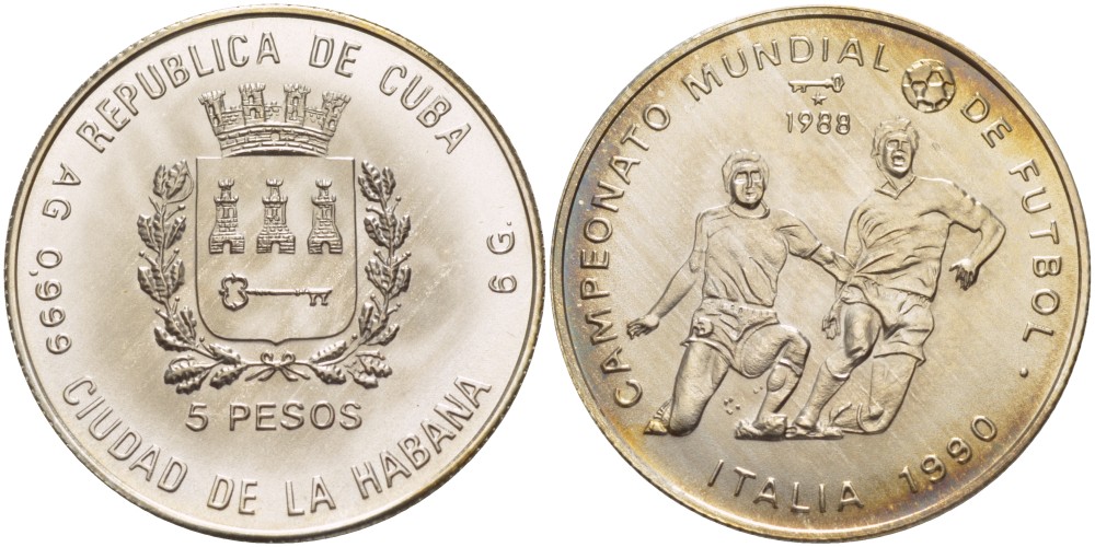 Куба 5 песо 1988 чемпионат мира по футболу в Италии 1990 года KM 216 серебро UNC 1087-8-11