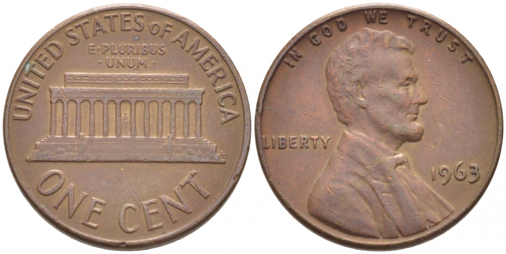 США 1 ЦЕНТ 1963 ЛИНКОЛЬН KM 201 медь цинк 105-1116