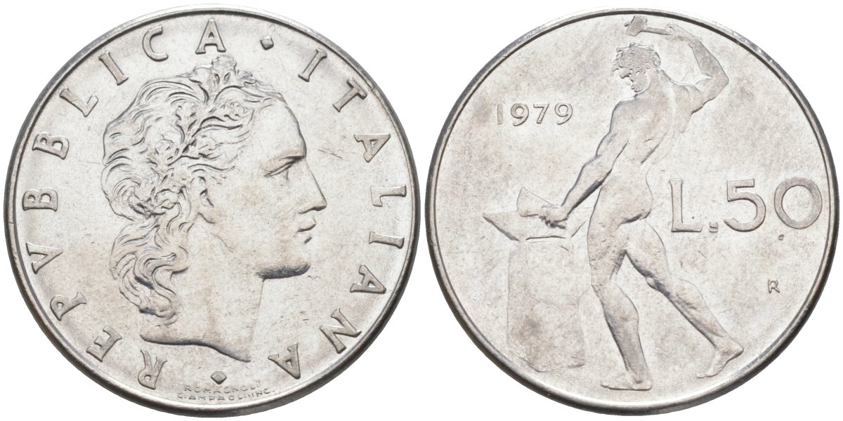 ИТАЛИЯ 50 ЛИР 1979 R, БОГ ОГНЯ ВУЛКАН У НАКОВАЛЬНИ KM 95.1 нержавеющая сталь 4525-1043