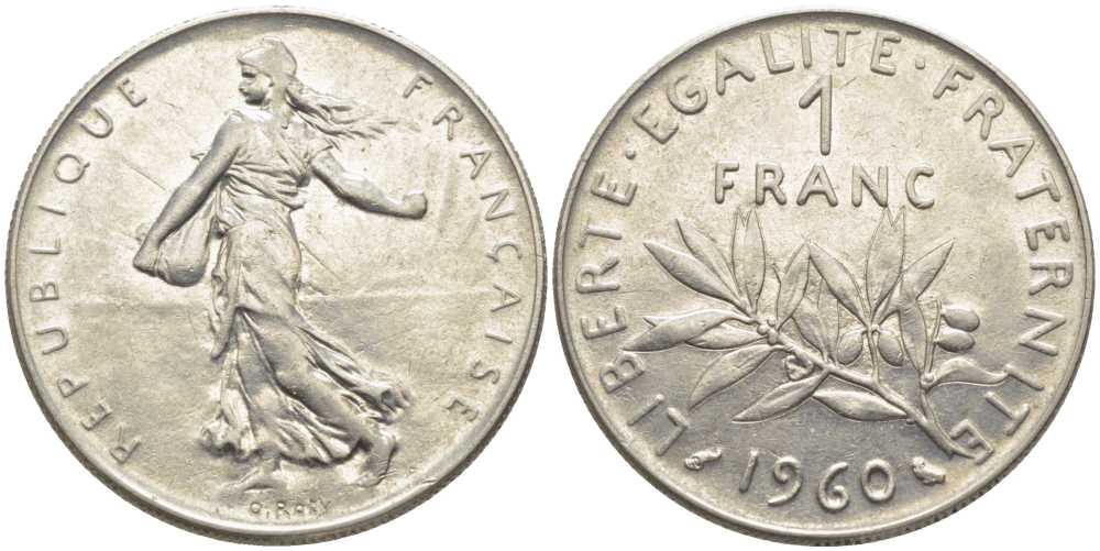 ФРАНЦИЯ 1 ФРАНК 1960 СЕЯТЕЛЬ KM 925.1, LE FRANC 226.4 никель 175-514