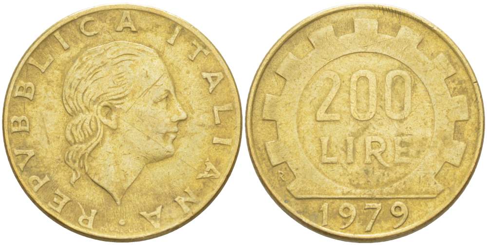 Италия 200 лир 1979 R, шестерня KM 105 алюминиевая бронза 4523-825