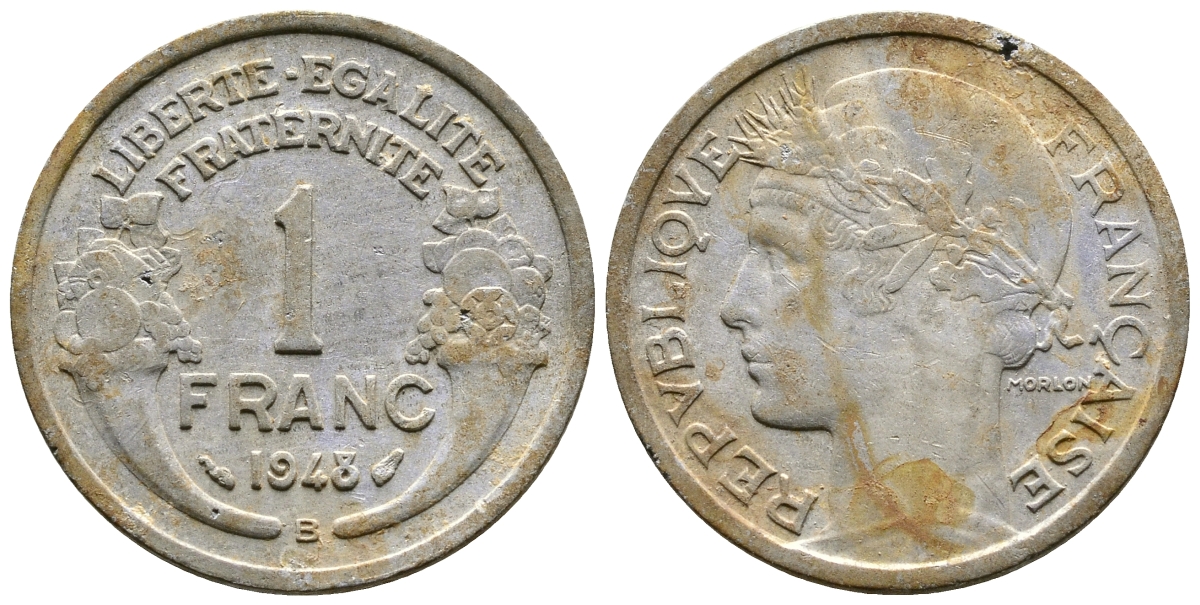 ФРАНЦИЯ 1 ФРАНК 1948 B, ТИП MORLON KM 885а.2, LE FRANC 221.14 алюминий 51-3441