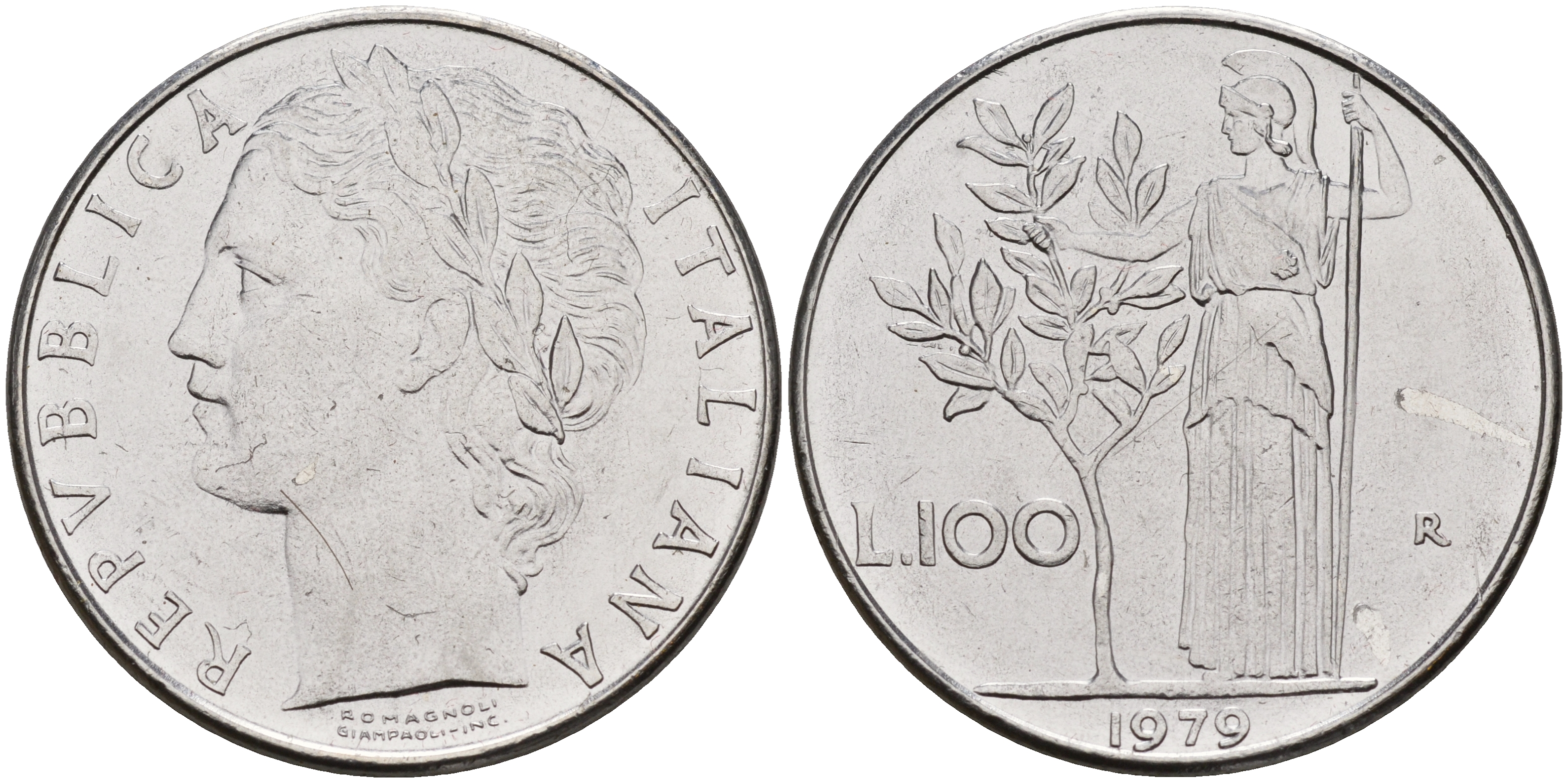 Италия 100 лир 1979 R, Афина KM 96.1 сталь    4149-343