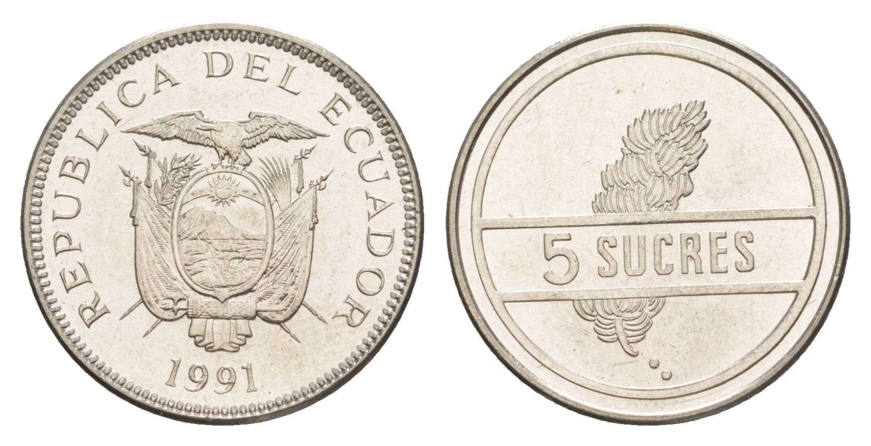 Эквадор 5 сукре 1991 KM 91.2 сталь плакированная никелем UNC 4640-1244