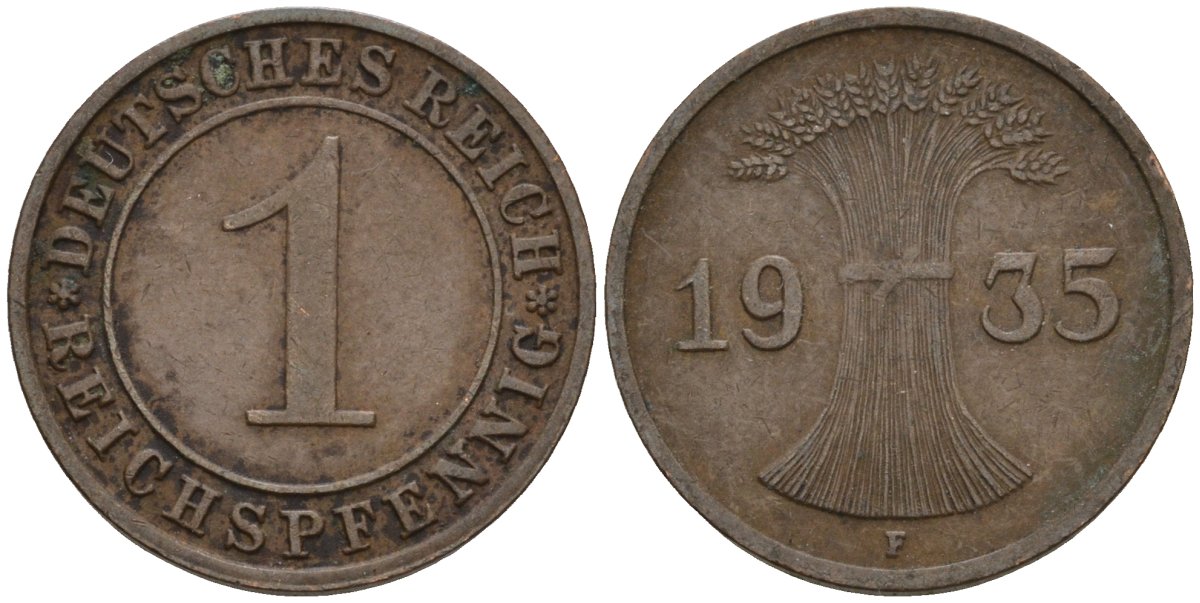 Германия 1 рейхспфенниг 1935 F KM 37, J. 313 бронза 4124-638