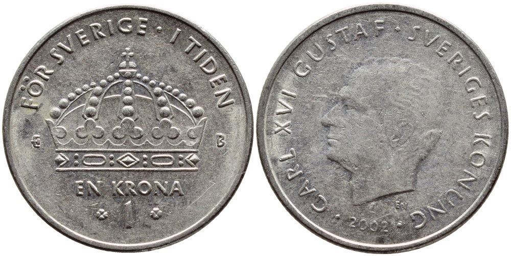 Швеция 1 крона 2002 Карл XVI Густав (1973- ) KM 894 медно-никель 4110-724