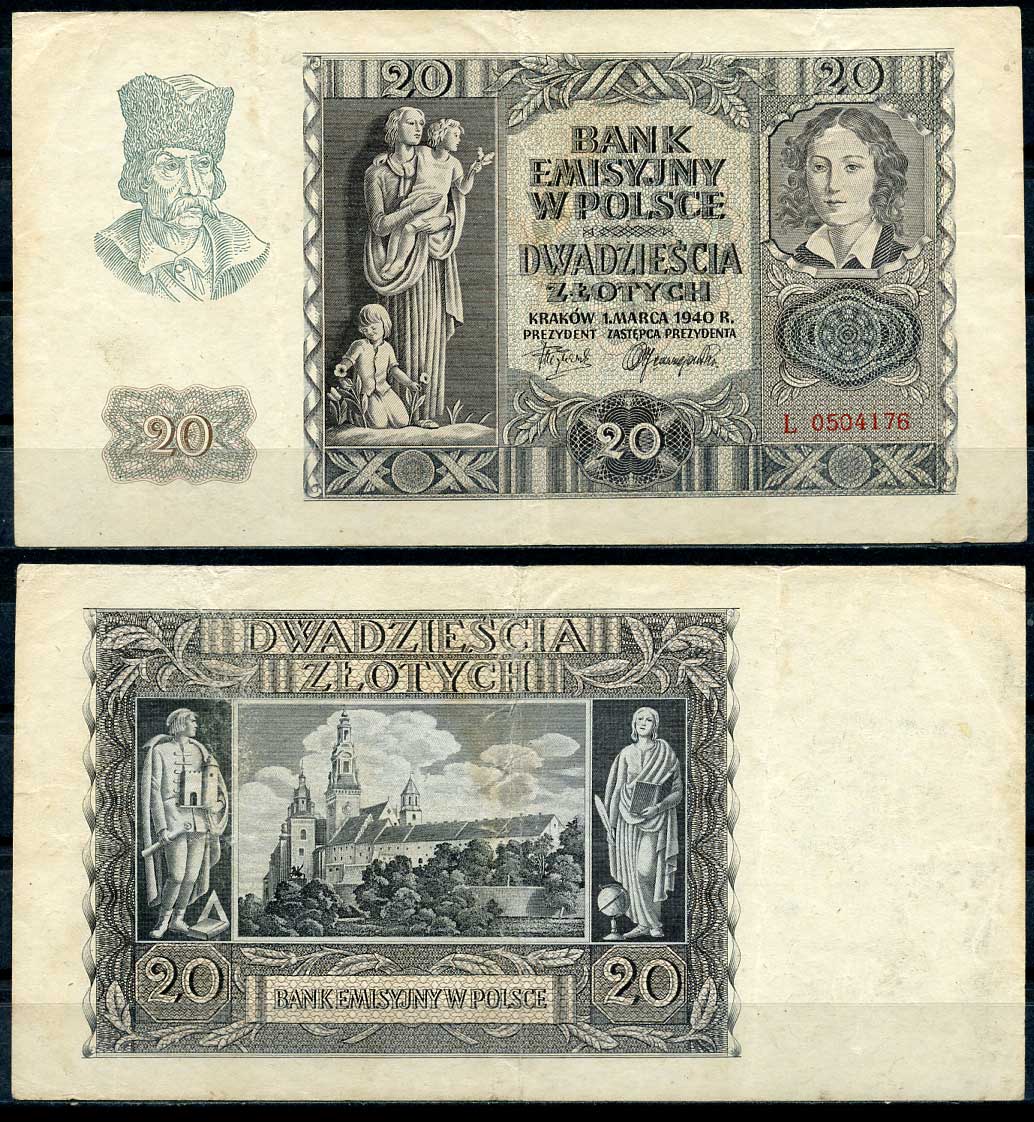 Польша 20 злотых 1940 Эмилия Плятер, королевский замок в Вавеле, Краков Pick 95 a, Розенберг 575 бумага 8607-61-2-2