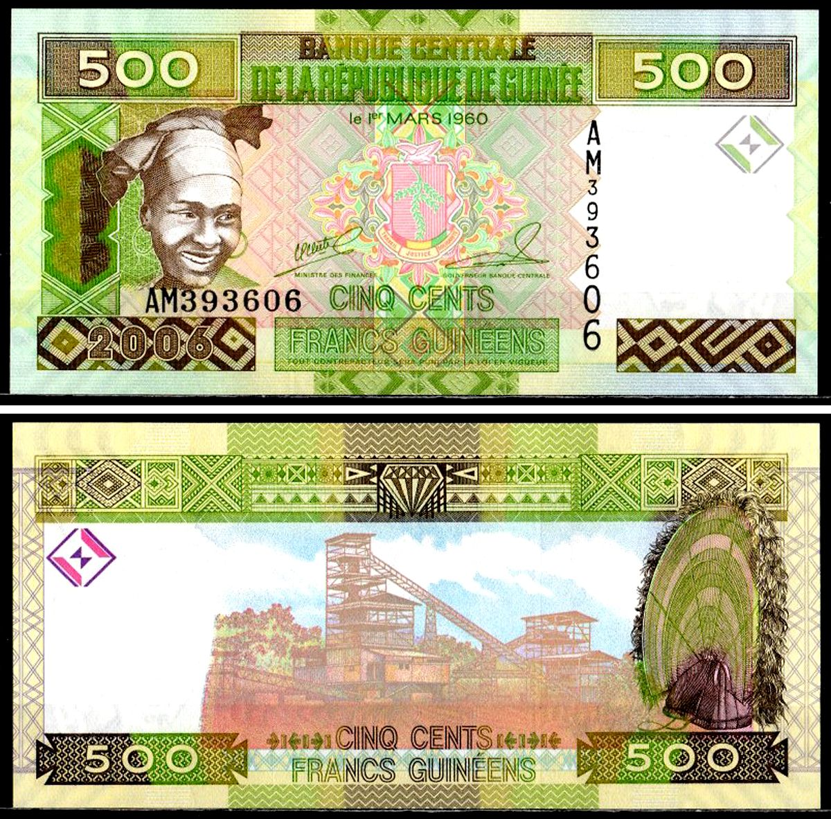 Гвинея 500 франков 2006 Pick 39 a бумага UNC (пресс) 6281-8-1-1