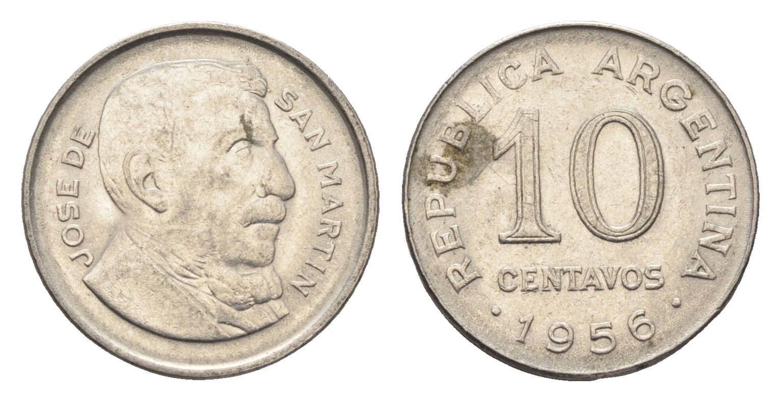 Аргентина 10 сентаво 1956 генерал Хосе де Сан Мартин KM 51 сталь плакированная никелем 4664-555
