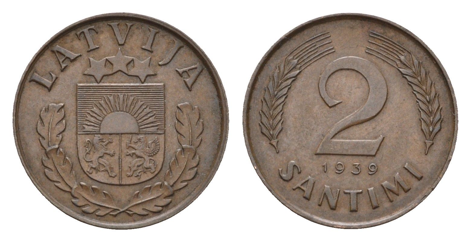 Латвия 2 сантима 1939 KM 11.2 бронза 4679-262